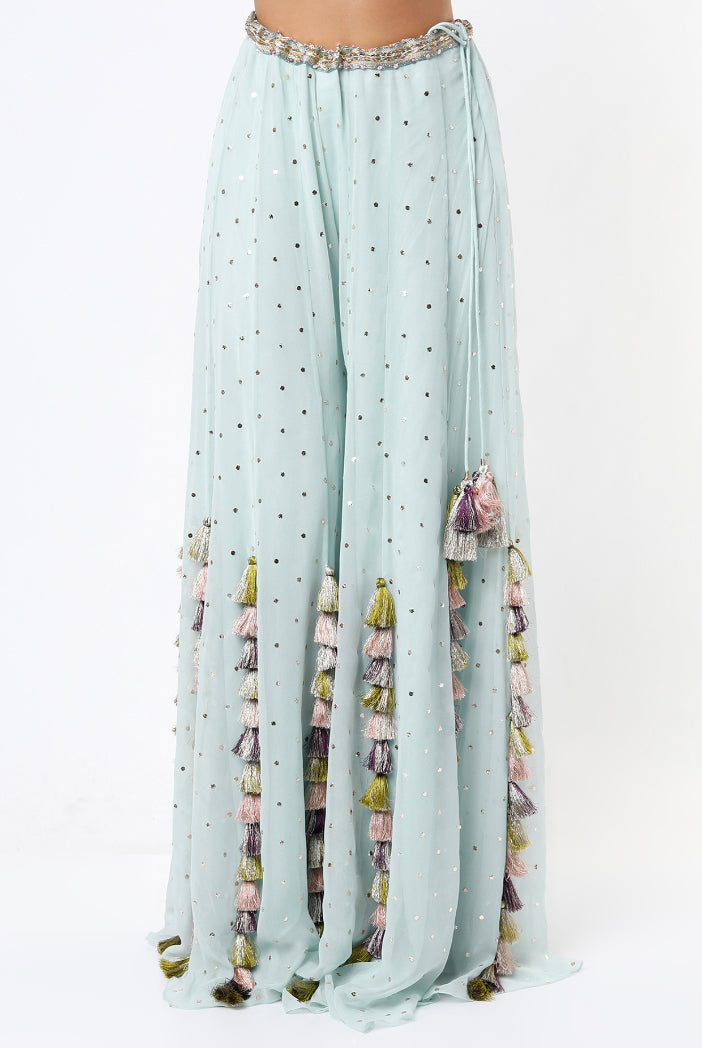 Powder Blue Georgette Embroidered Choli With Dot Mukaish Georgette Sharara