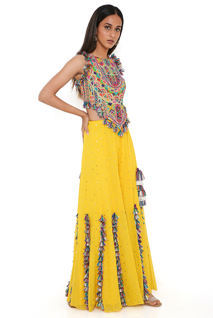 Yellow Georgette Embroidered Choli With Mukaish Georgette Sharara