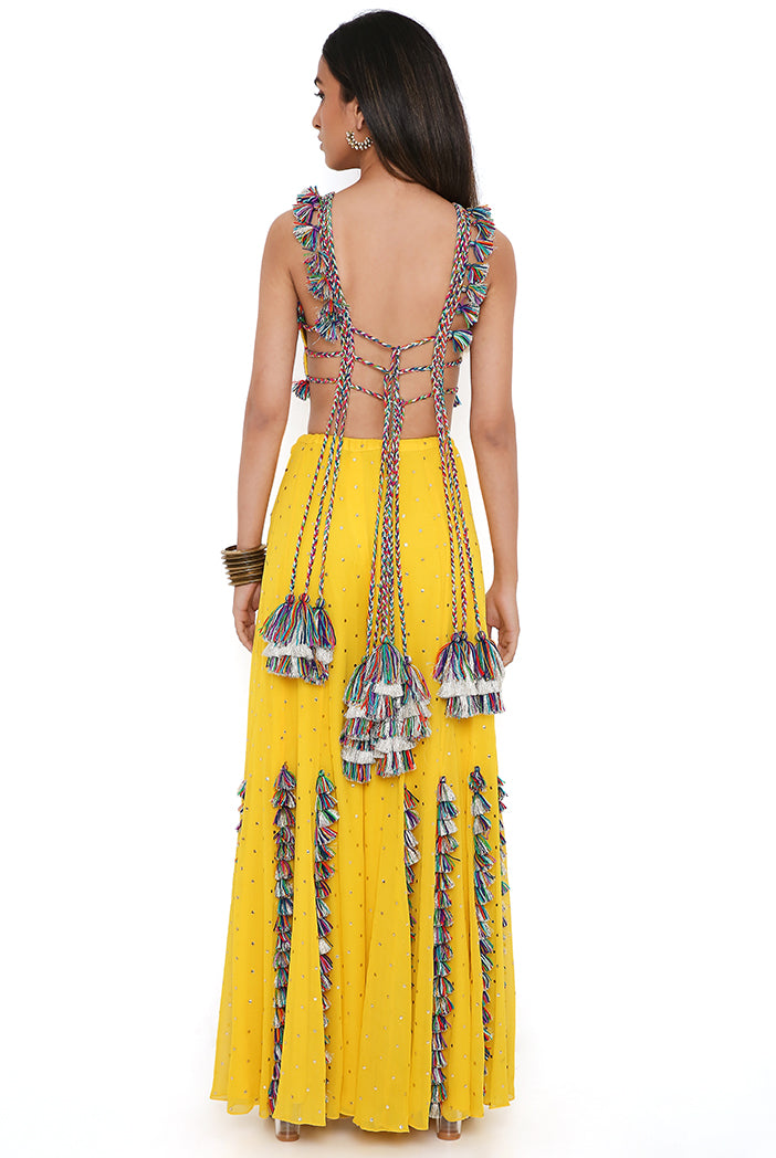 Yellow Georgette Embroidered Choli With Mukaish Georgette Sharara
