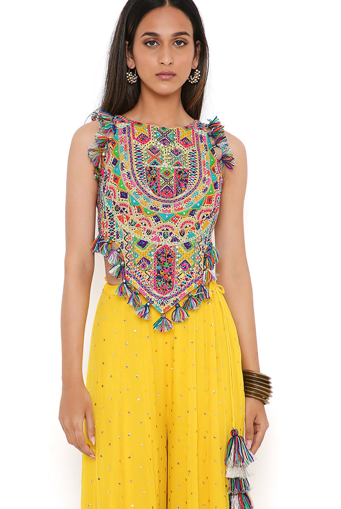 Yellow Georgette Embroidered Choli With Mukaish Georgette Sharara