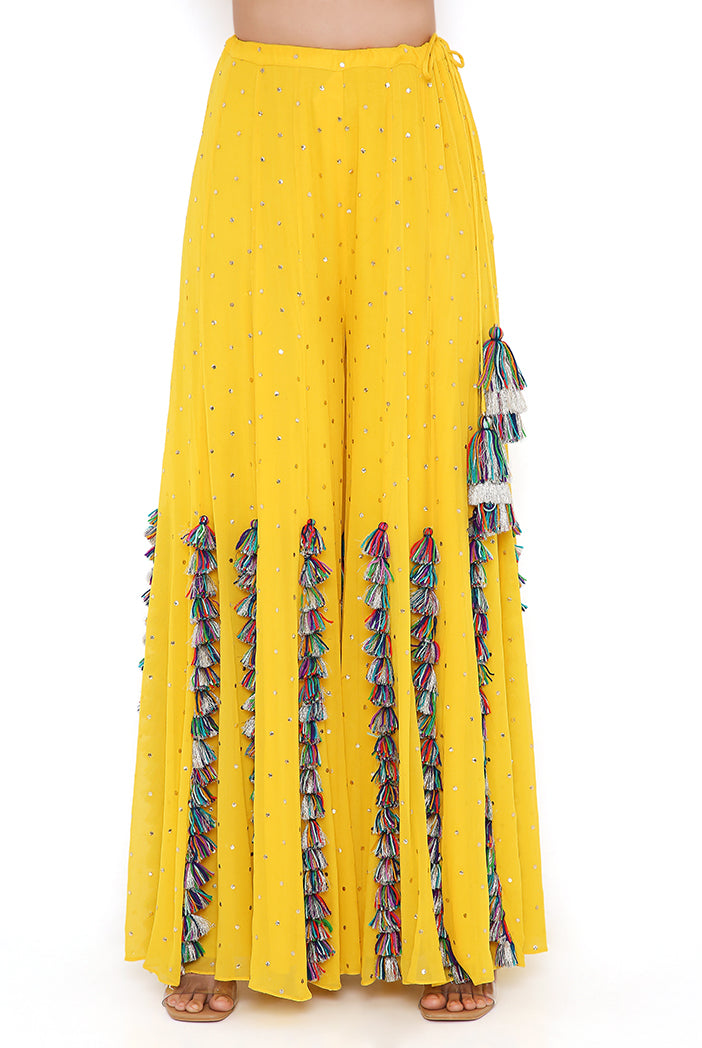 Yellow Georgette Embroidered Choli With Mukaish Georgette Sharara