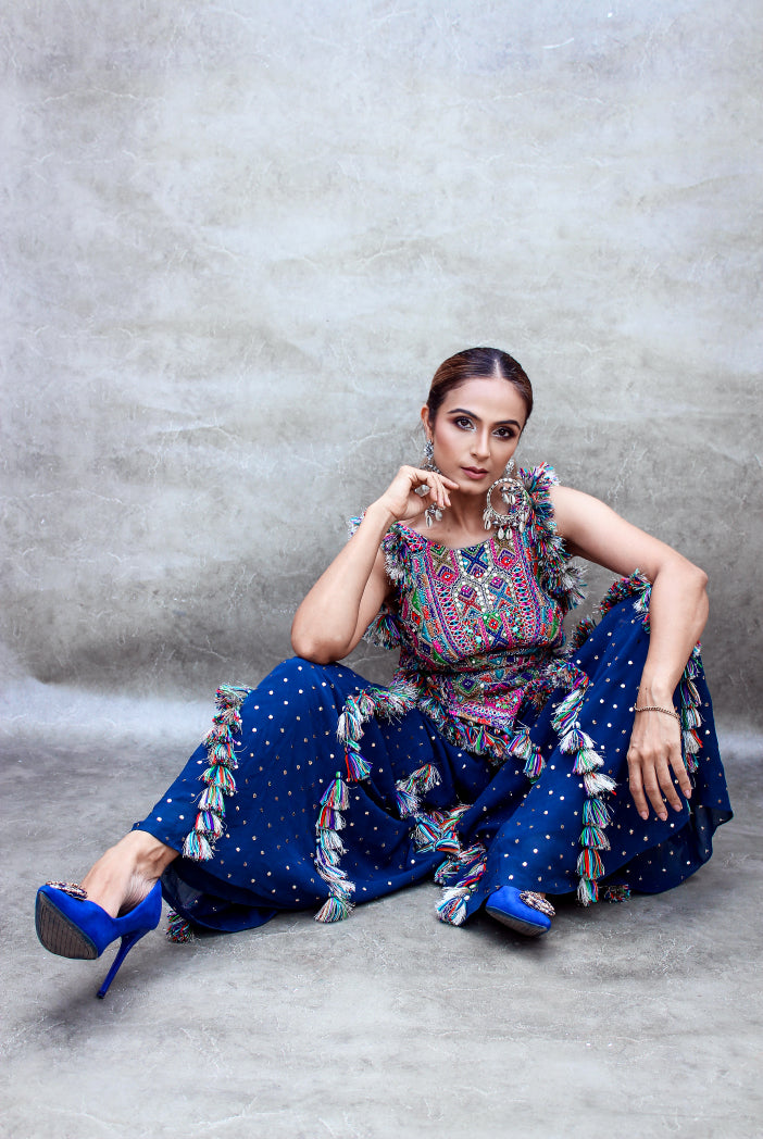 Midnight Blue Colour Embroidered Choli With Mukaish Sharara