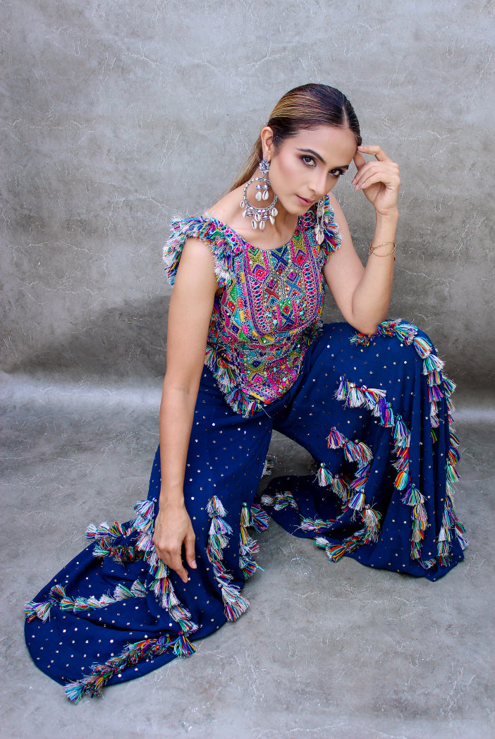 Midnight Blue Colour Embroidered Choli With Mukaish Sharara