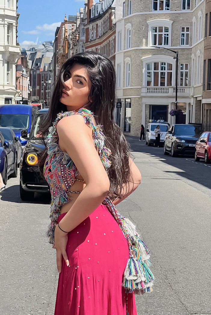 Hot Pink Georgette Embroidered Top With Mukaish Georgette Sharara