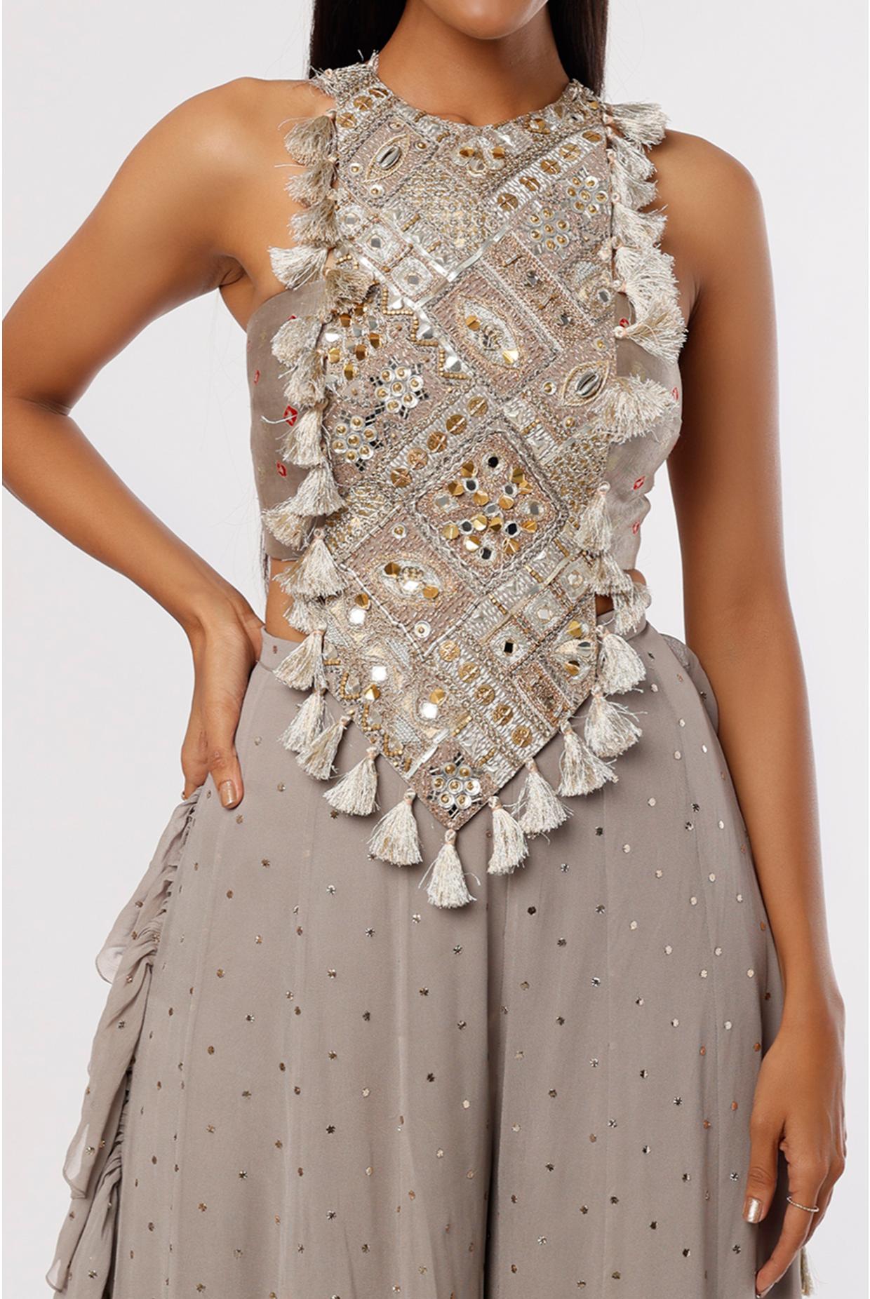 Grey Embroidered Choli & Frill Sharara