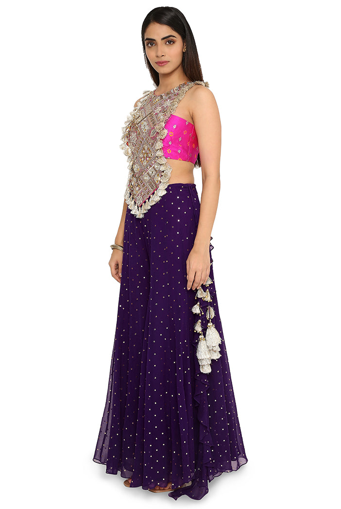Alaine Hot Pink Colour Georgette Yoke Embroidered Bandhani Bustier And Purple Georgette Frill Sharara