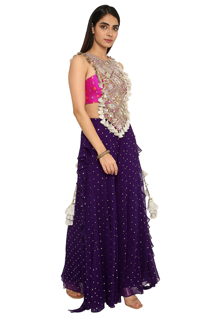 Alaine Hot Pink Colour Georgette Yoke Embroidered Bandhani Bustier And Purple Georgette Frill Sharara