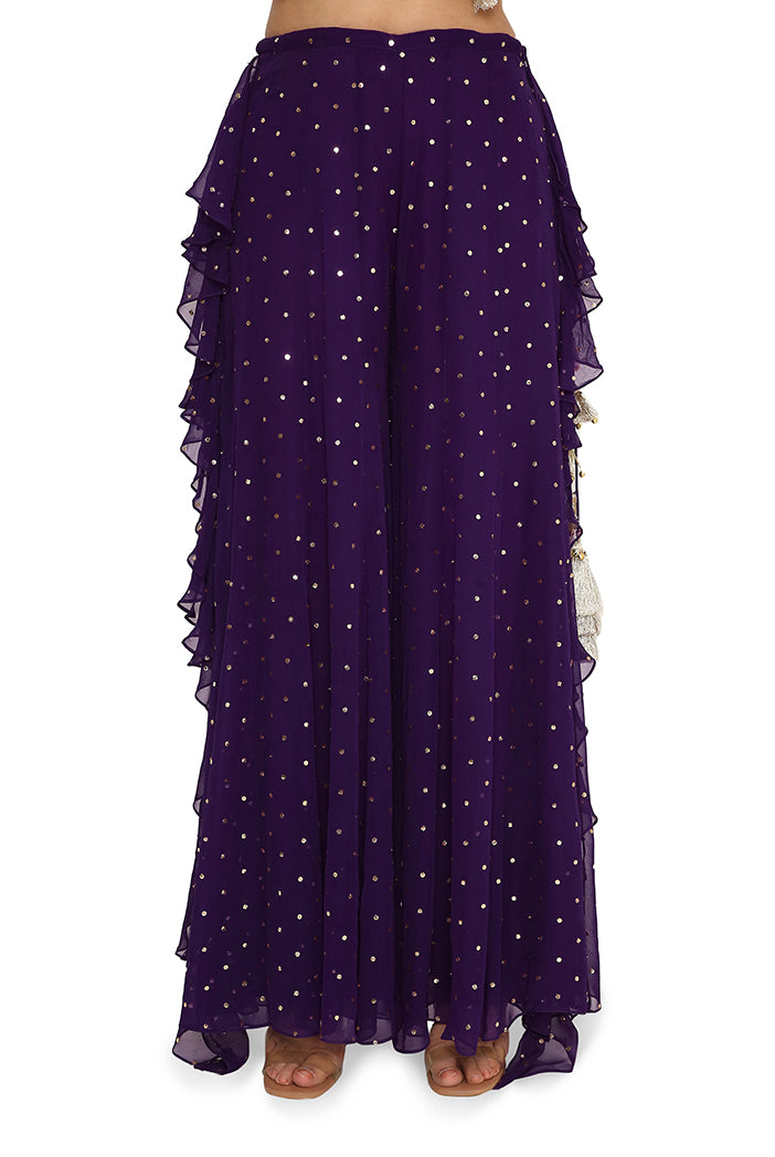 Alaine Hot Pink Colour Georgette Yoke Embroidered Bandhani Bustier And Purple Georgette Frill Sharara