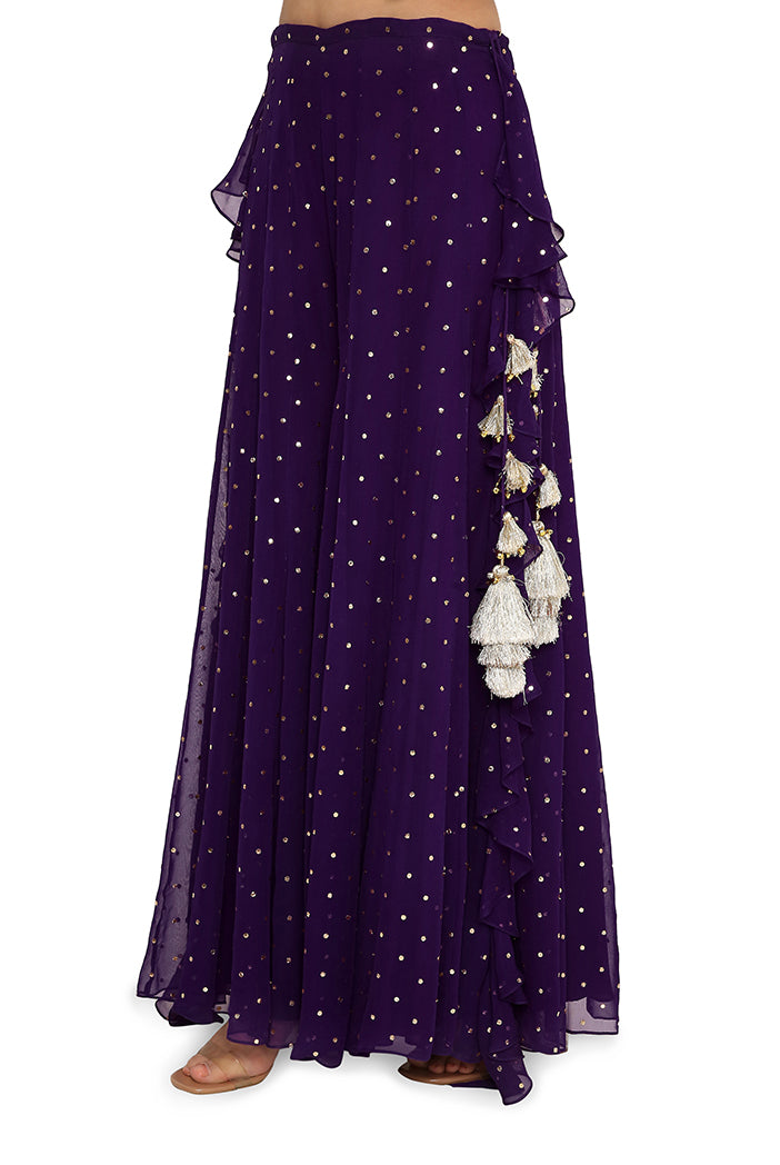 Alaine Hot Pink Colour Georgette Yoke Embroidered Bandhani Bustier And Purple Georgette Frill Sharara