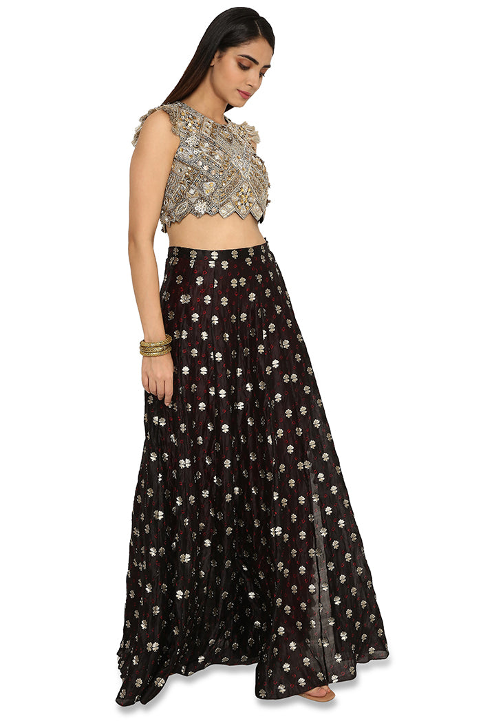 Bianca Black Colour Embroidered Choli With Black Bandhani Skirt And Maroon Colour Low Crotch Pants