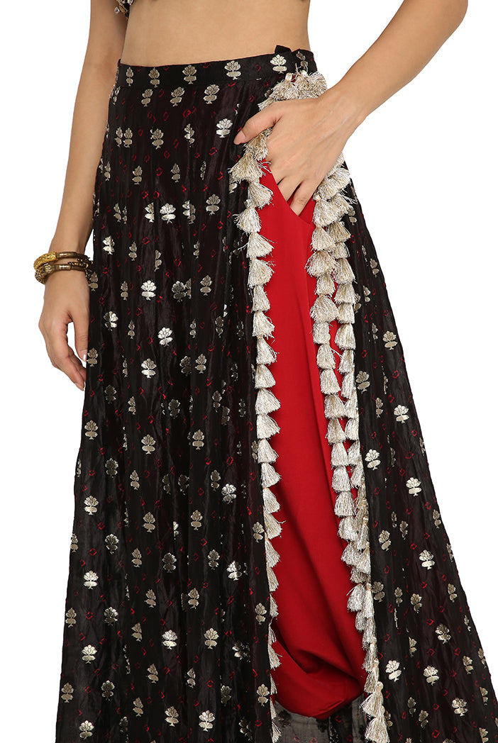 Bianca Black Colour Embroidered Choli With Black Bandhani Skirt And Maroon Colour Low Crotch Pants