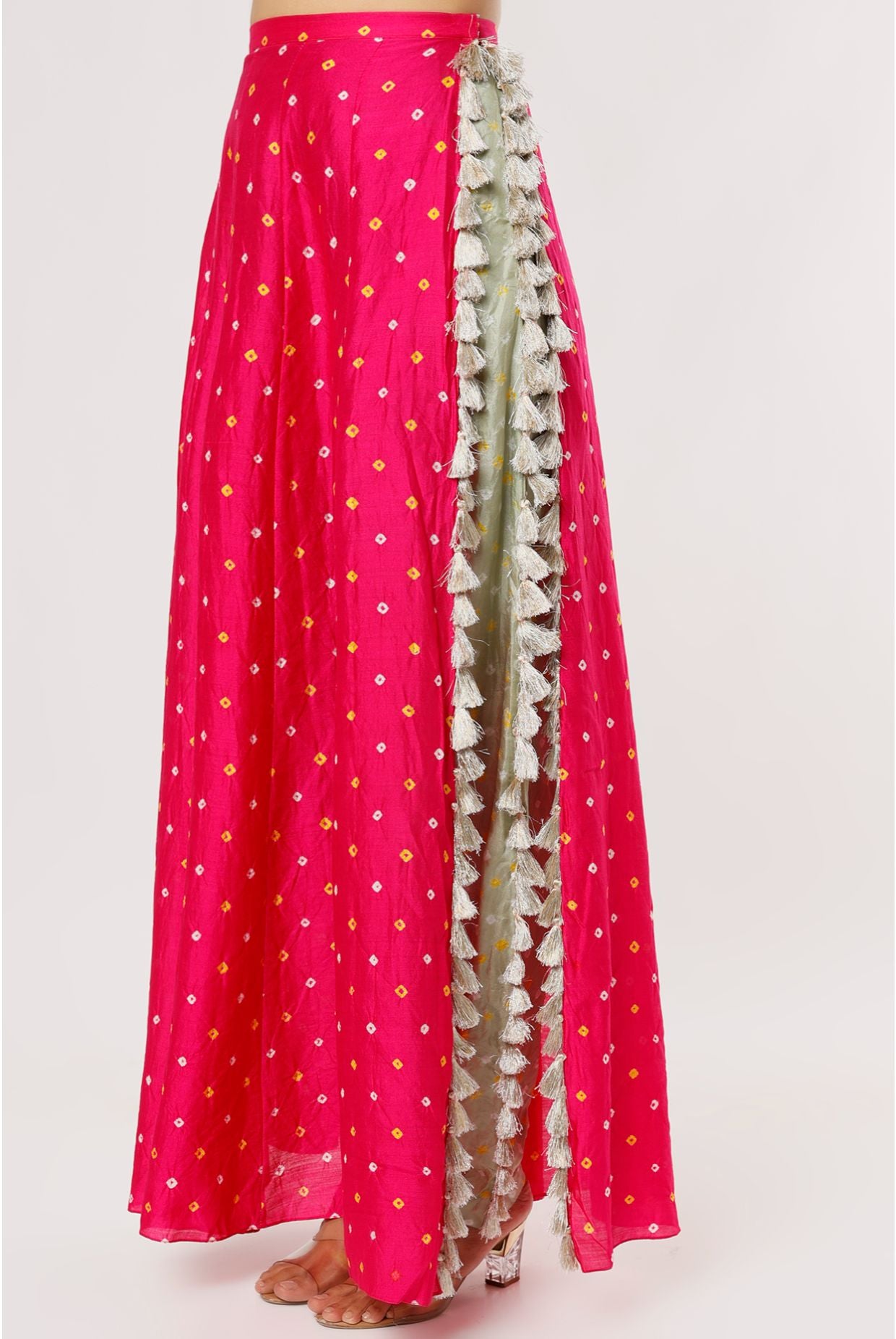 Mint Georgette Embroidered Choli And Mint Bandhani Silk Low Crotch Pant With Attached Pink Bandhani Silk Skirt