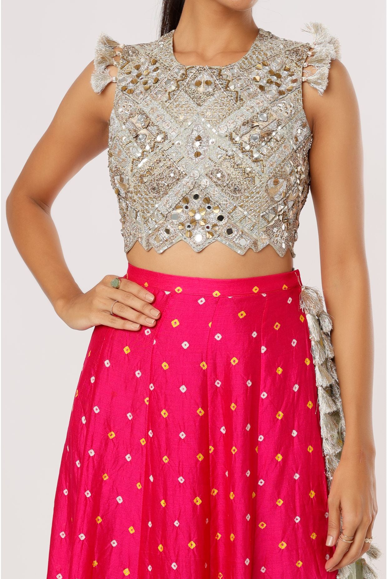 Mint Georgette Embroidered Choli And Mint Bandhani Silk Low Crotch Pant With Attached Pink Bandhani Silk Skirt
