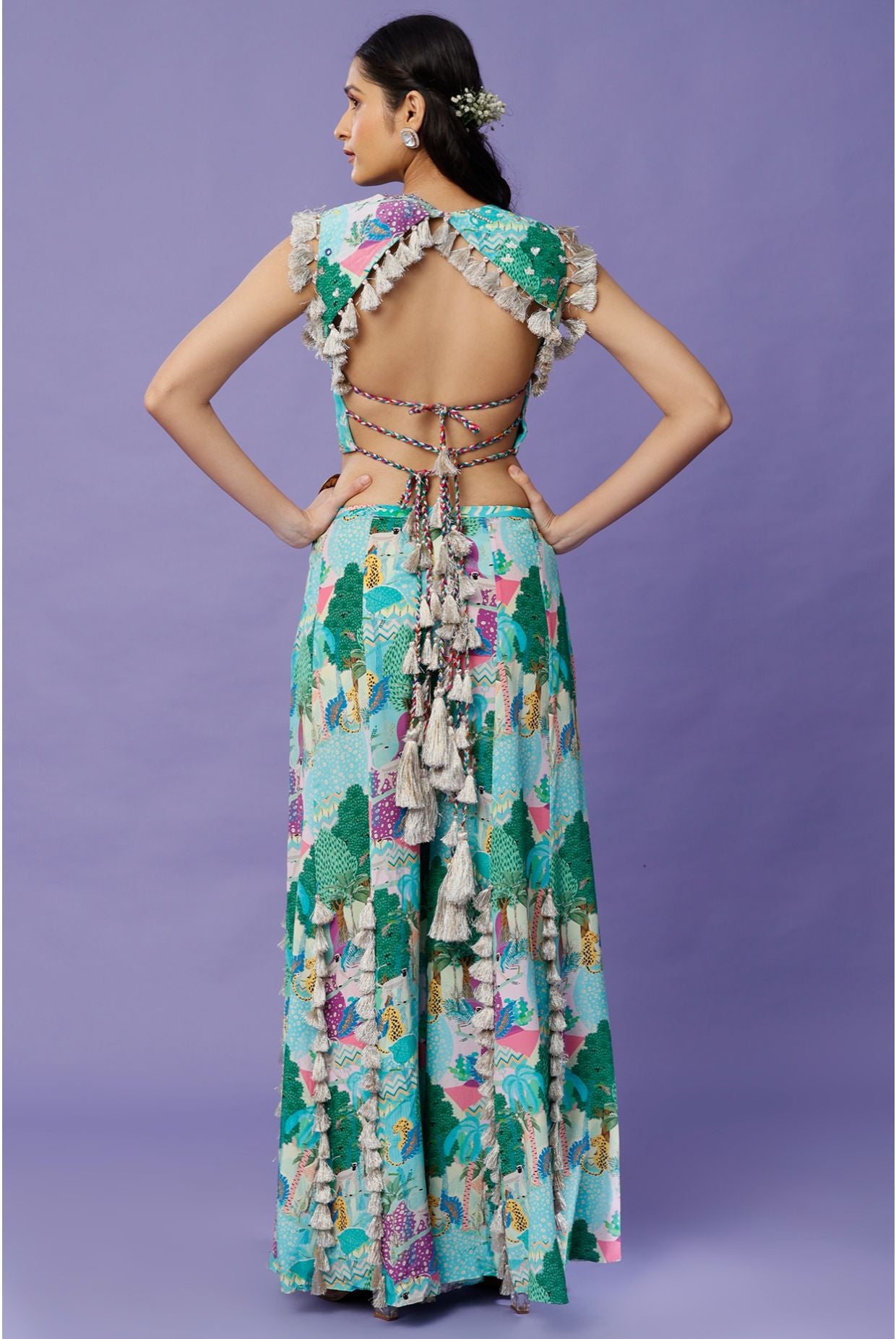 Aqua Kuno Print Crepe Embroidered Choli With Tasseled Sharara