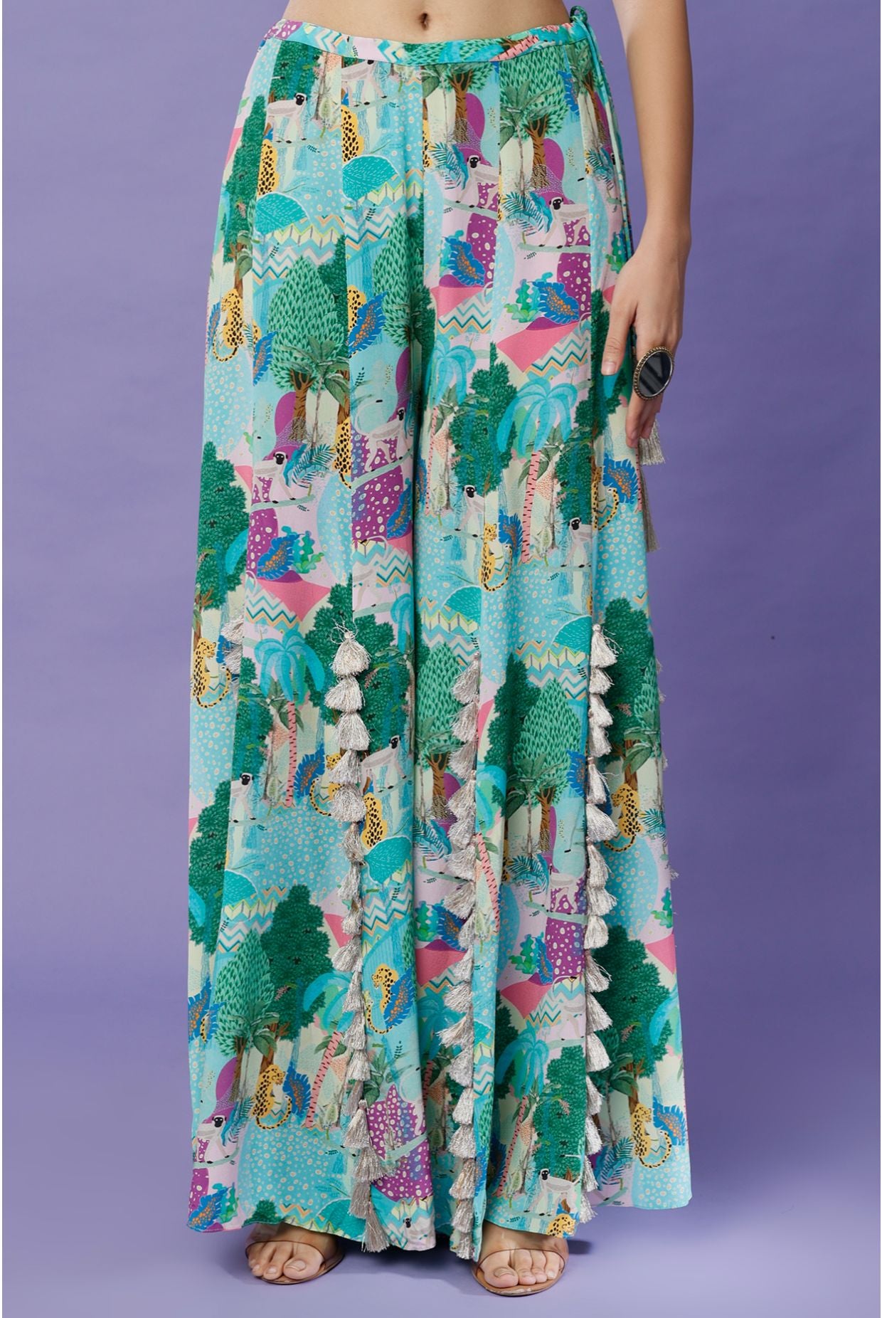 Aqua Kuno Print Crepe Embroidered Choli With Tasseled Sharara