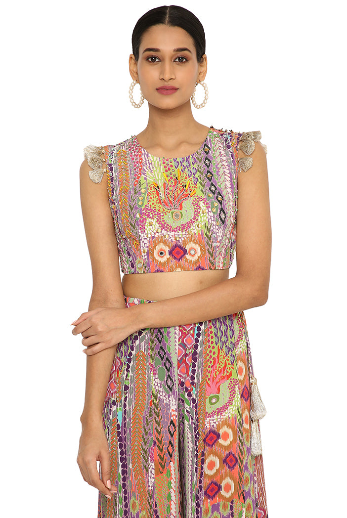 Iiyana African Print Embroidered Crepe Choli With Tasselled Sharara