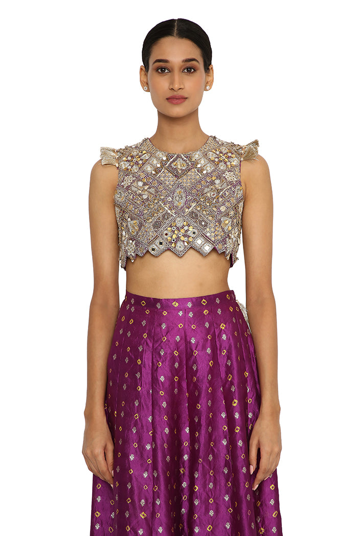 Belle Purple Colour Georgette Embroidered Choli With Purple Bandhani Skirt And Onion Pink Colour Bandhani Low Crotch Pants