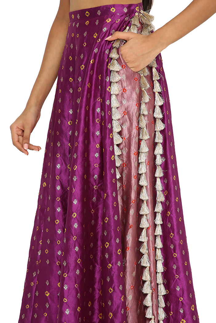 Belle Purple Colour Georgette Embroidered Choli With Purple Bandhani Skirt And Onion Pink Colour Bandhani Low Crotch Pants