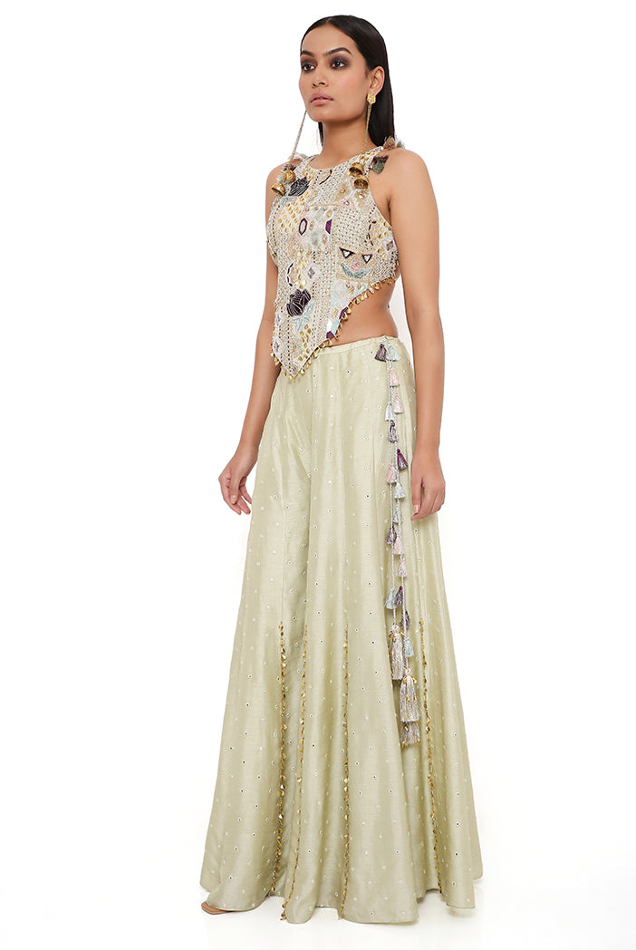 Mint Georgette Embroidered Choli With Abla Silk Sharara