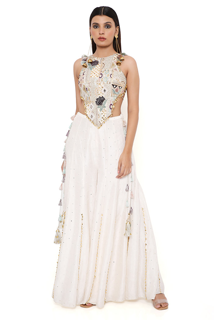 Ira Off White Georgette Front Embroidered Choli With Abla Silk Sharara