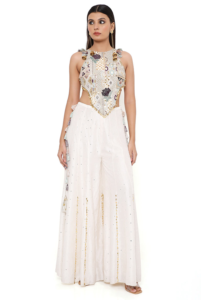 Ira Off White Georgette Front Embroidered Choli With Abla Silk Sharara