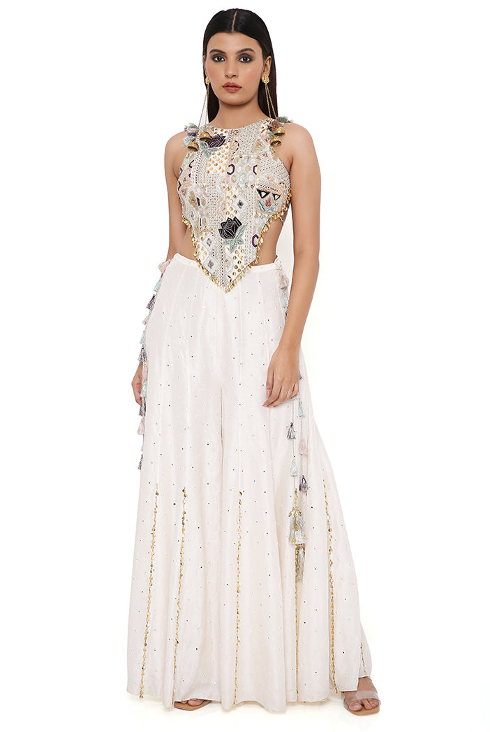 Ira Off White Georgette Front Embroidered Choli With Abla Silk Sharara
