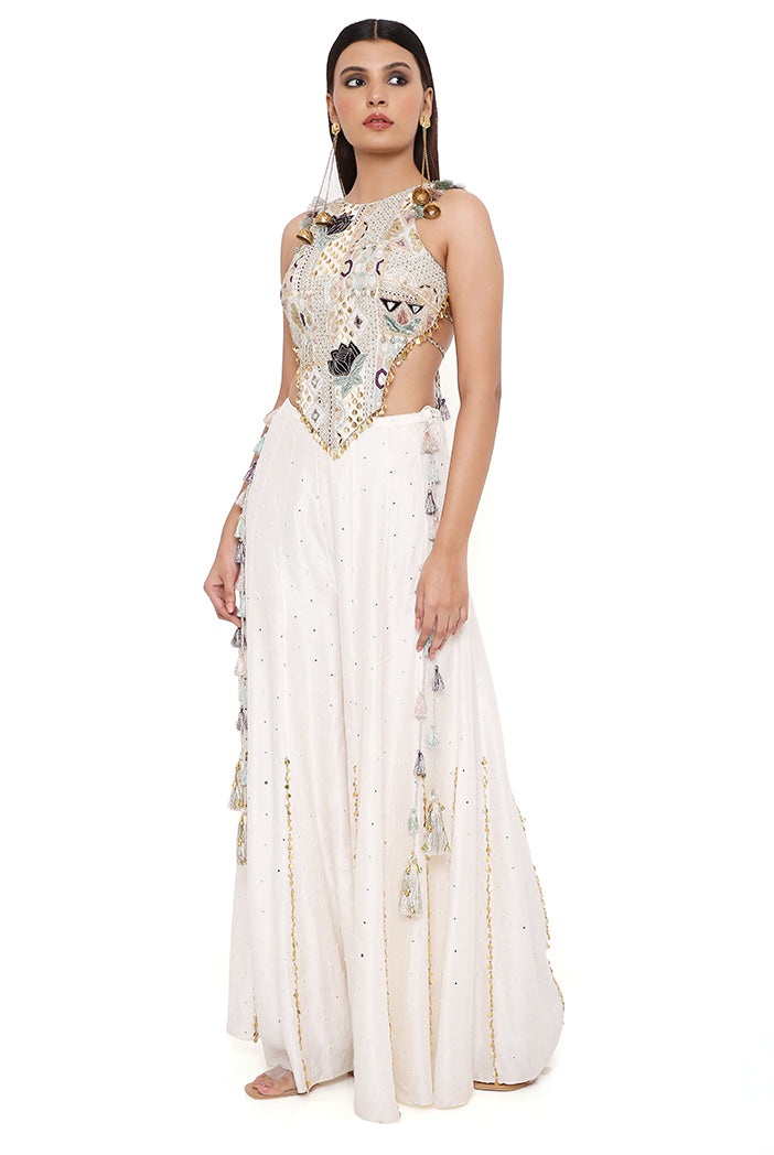 Ira Off White Georgette Front Embroidered Choli With Abla Silk Sharara