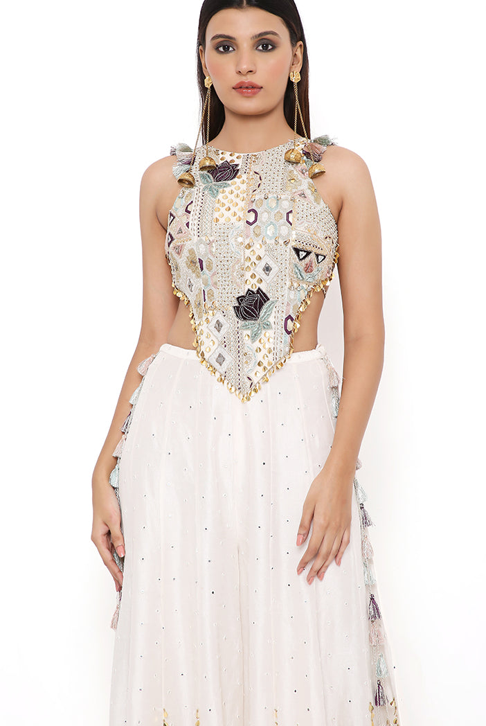 Ira Off White Georgette Front Embroidered Choli With Abla Silk Sharara