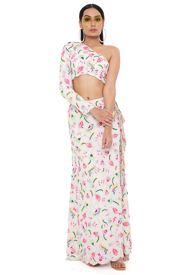 Elsa Stone Georgette Embroidered One Shoulder Top And Skirt