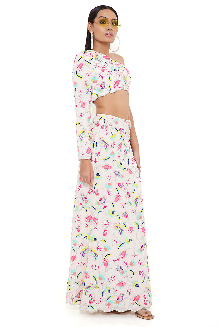 Elsa Stone Georgette Embroidered One Shoulder Top And Skirt