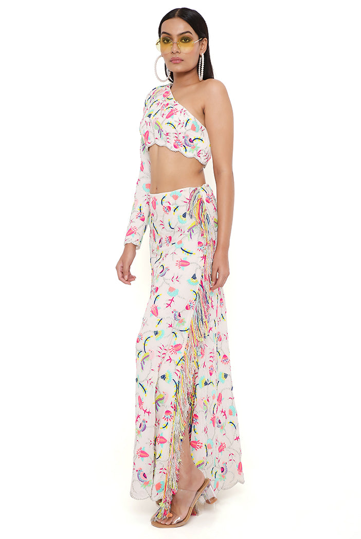 Elsa Stone Georgette Embroidered One Shoulder Top And Skirt