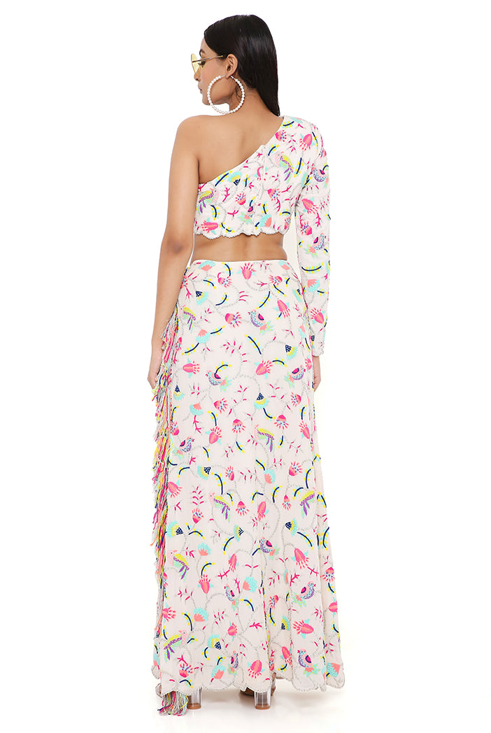 Elsa Stone Georgette Embroidered One Shoulder Top And Skirt