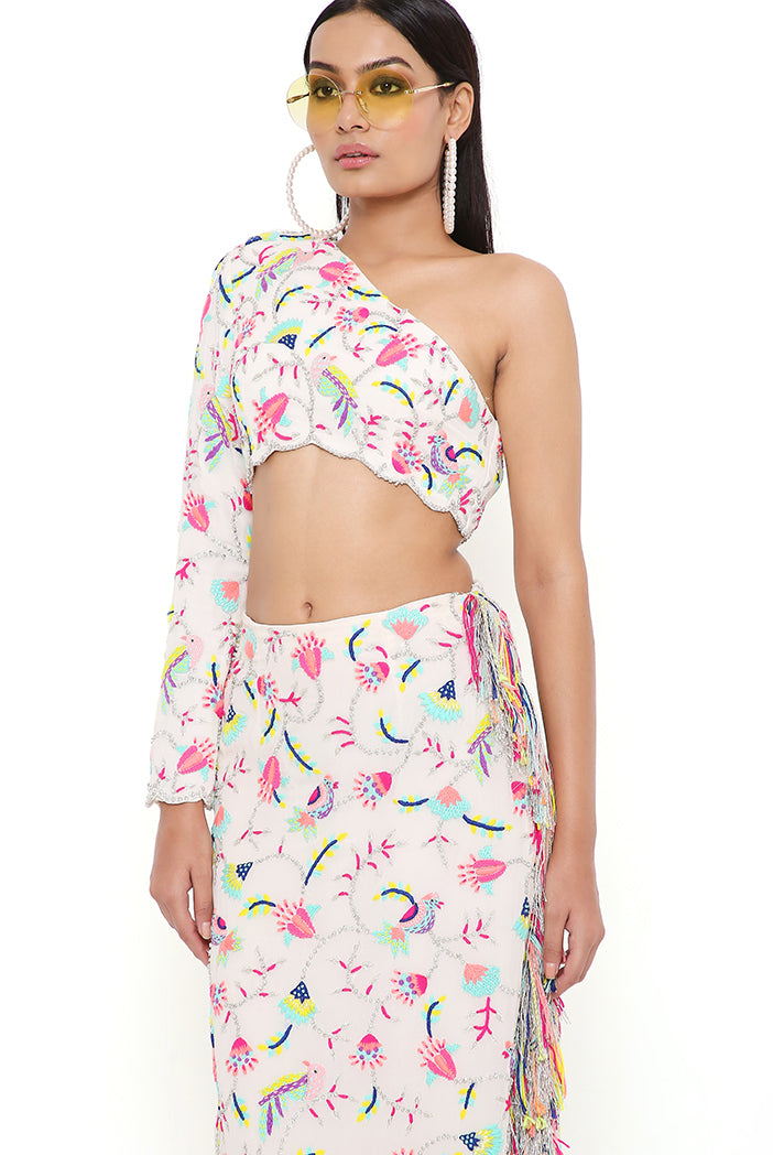 Elsa Stone Georgette Embroidered One Shoulder Top And Skirt
