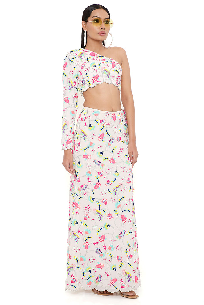 Elsa Stone Georgette Embroidered One Shoulder Top And Skirt