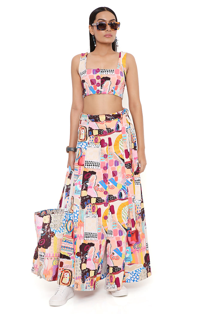 Trance Print Denim Top And Skirt With Belt