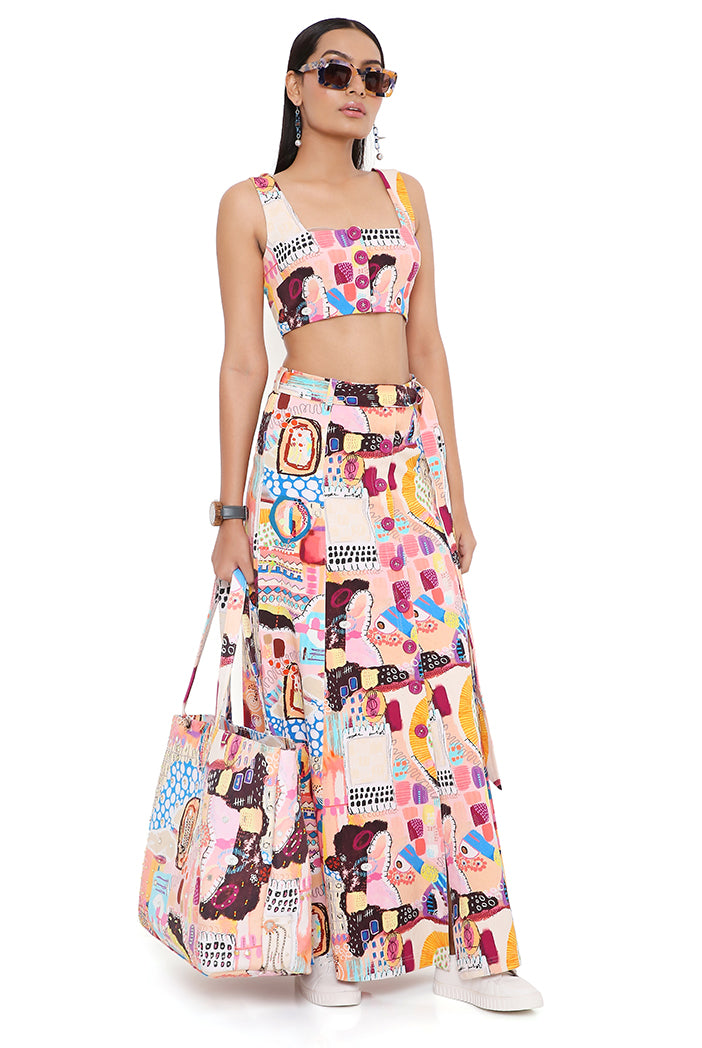 Trance Print Denim Top And Skirt With Belt