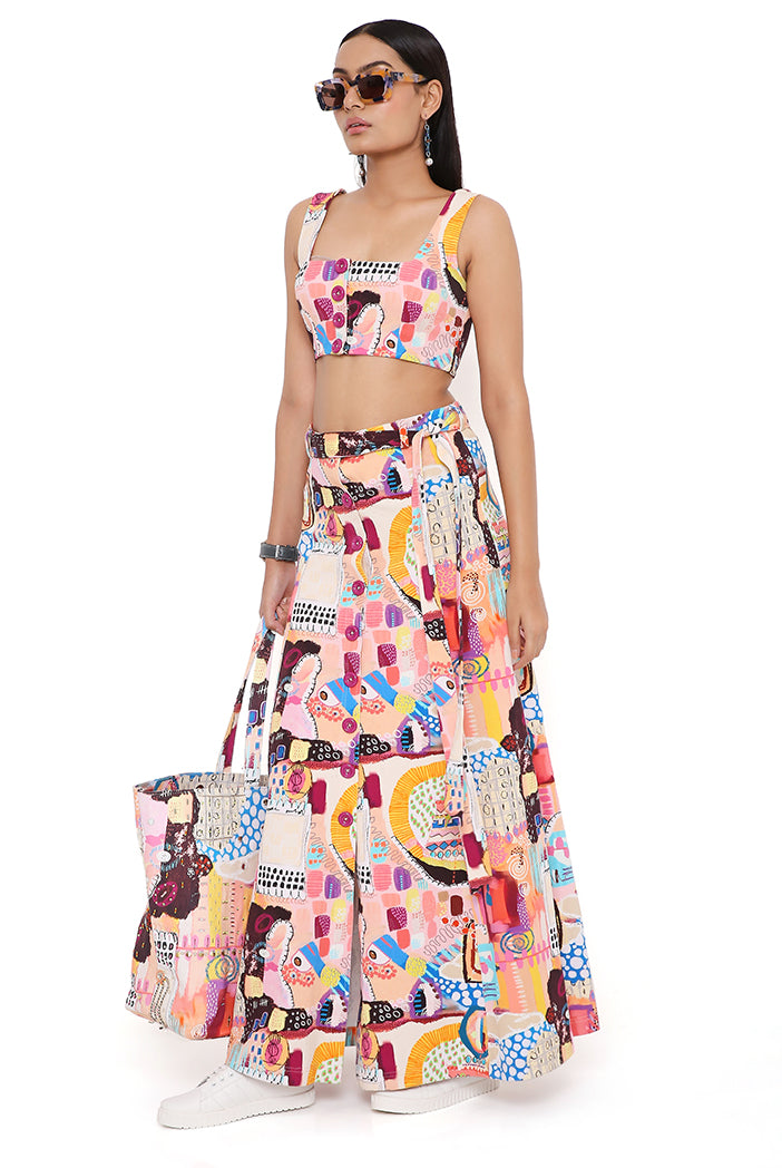 Trance Print Denim Top And Skirt With Belt