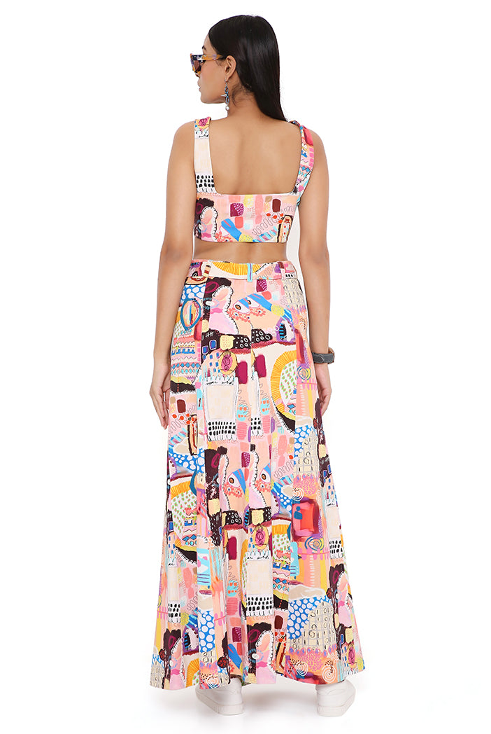 Trance Print Denim Top And Skirt With Belt