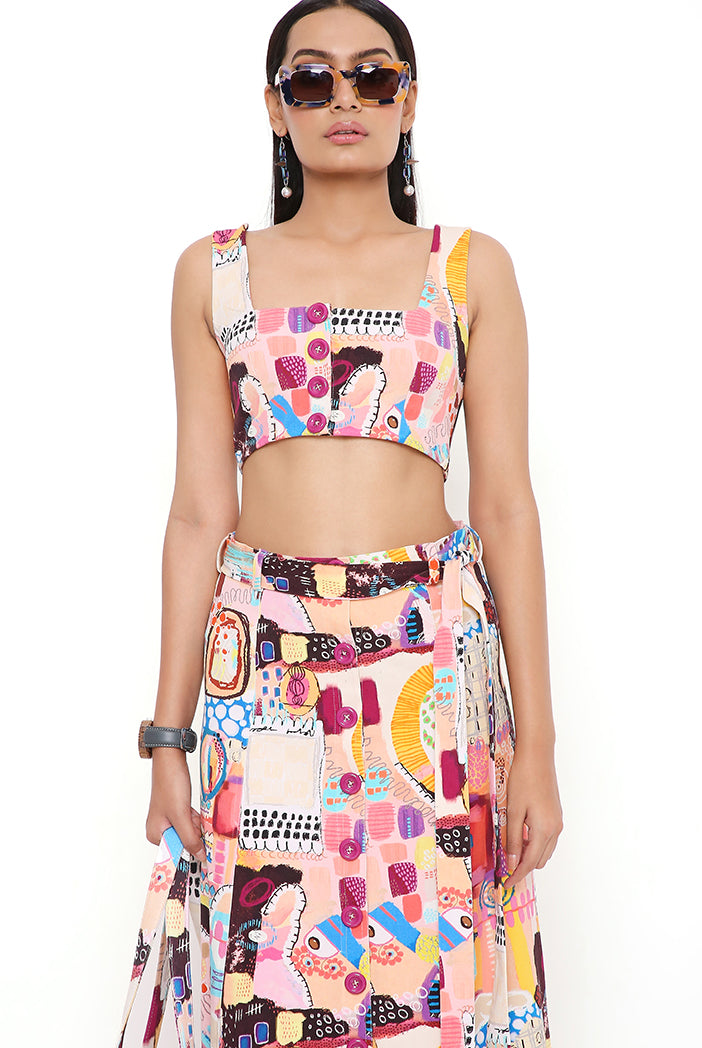 Trance Print Denim Top And Skirt With Belt