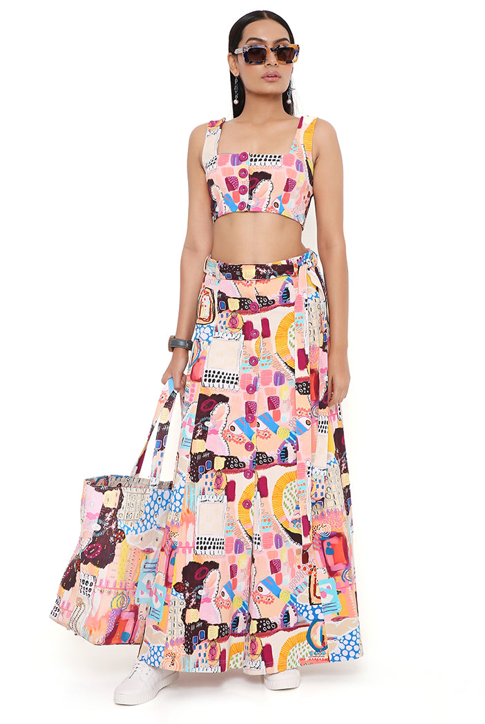Trance Print Denim Top And Skirt With Belt
