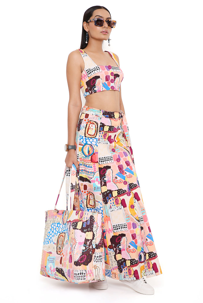 Trance Print Denim Top And Skirt With Belt