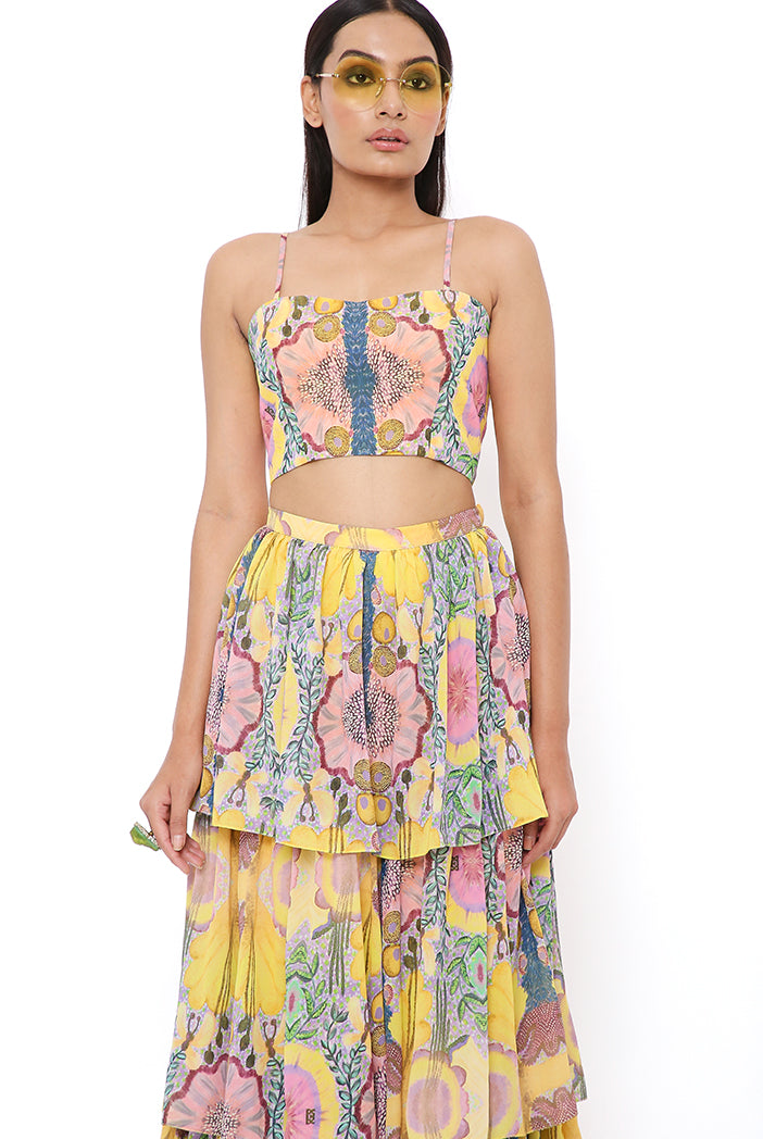 Yellow Enchanted Print Georgette Embroidered One Shoulder Cape With Bustier And Frill Sharara
