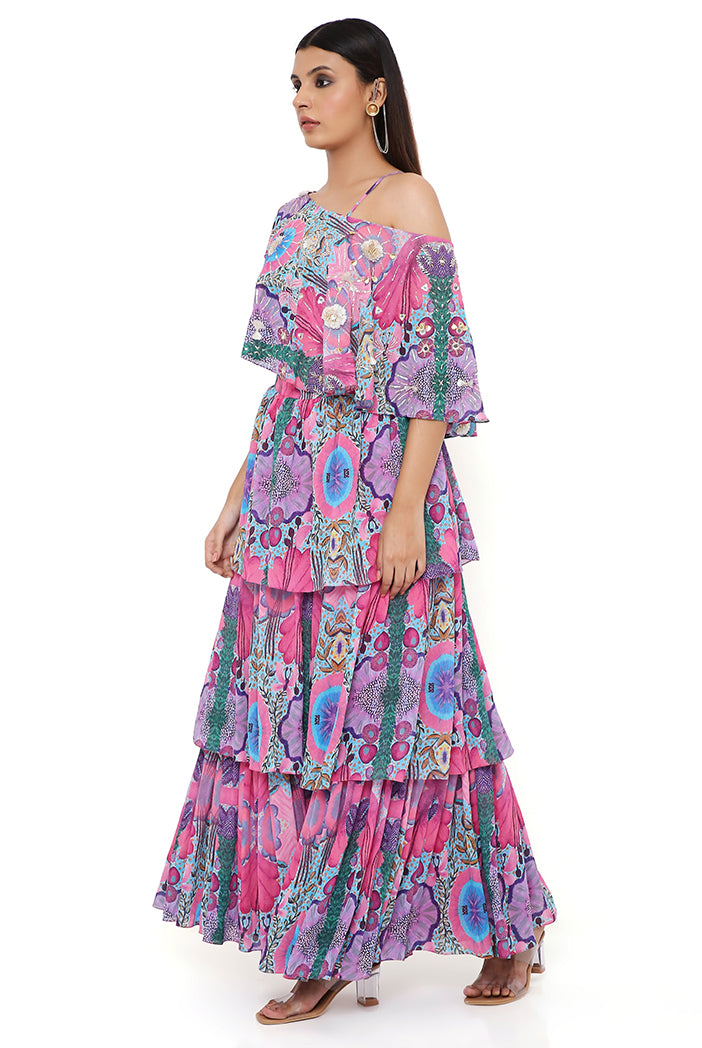 Pink Enchanted Print Georgette Embroidered One Shoulder Cape With A Bustier And Frill Sharara