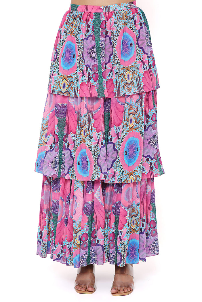 Pink Enchanted Print Georgette Embroidered One Shoulder Cape With A Bustier And Frill Sharara