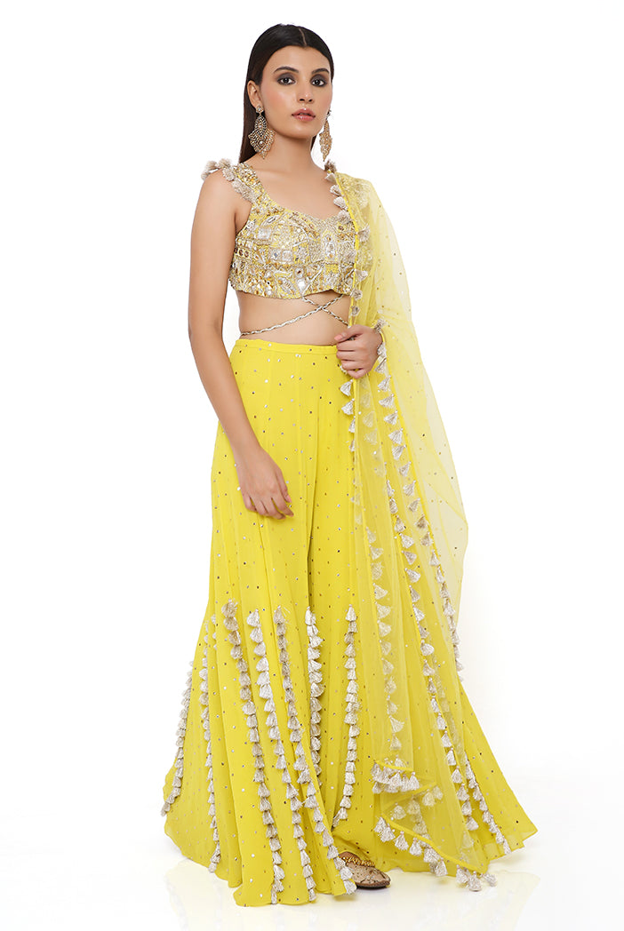 Lime Green Georgette Embroidered Choli And Mukaish Georgette Sharara With Mukaish Net Dupatta