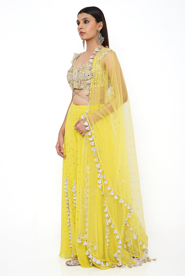 Lime Green Georgette Embroidered Choli And Mukaish Georgette Sharara With Mukaish Net Dupatta