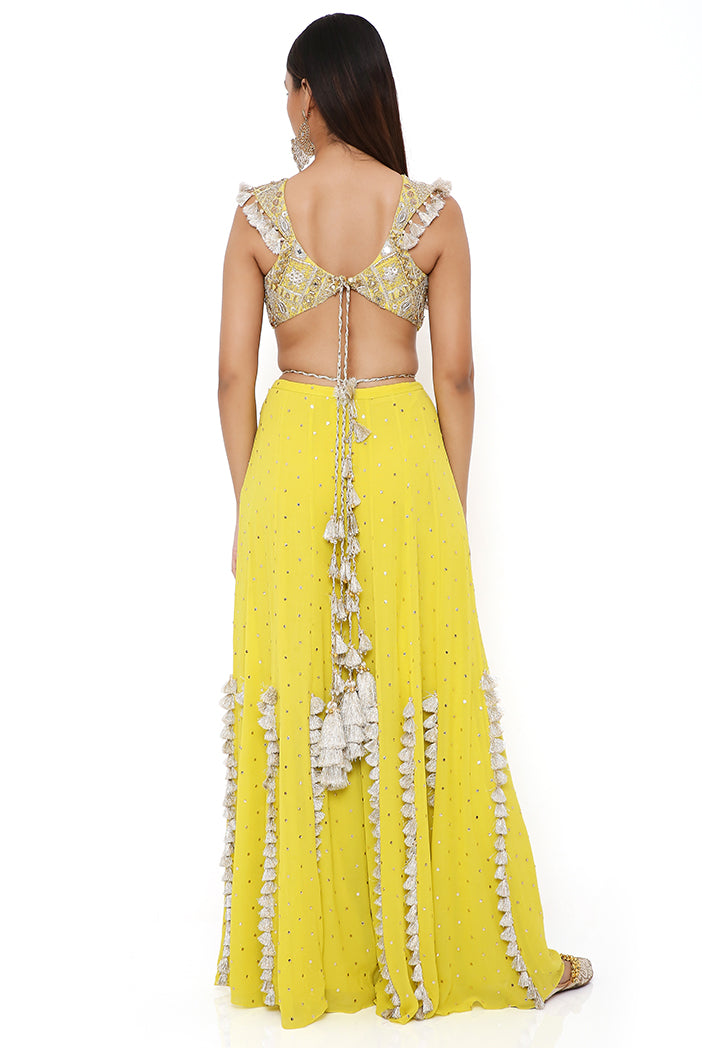 Lime Green Georgette Embroidered Choli And Mukaish Georgette Sharara With Mukaish Net Dupatta