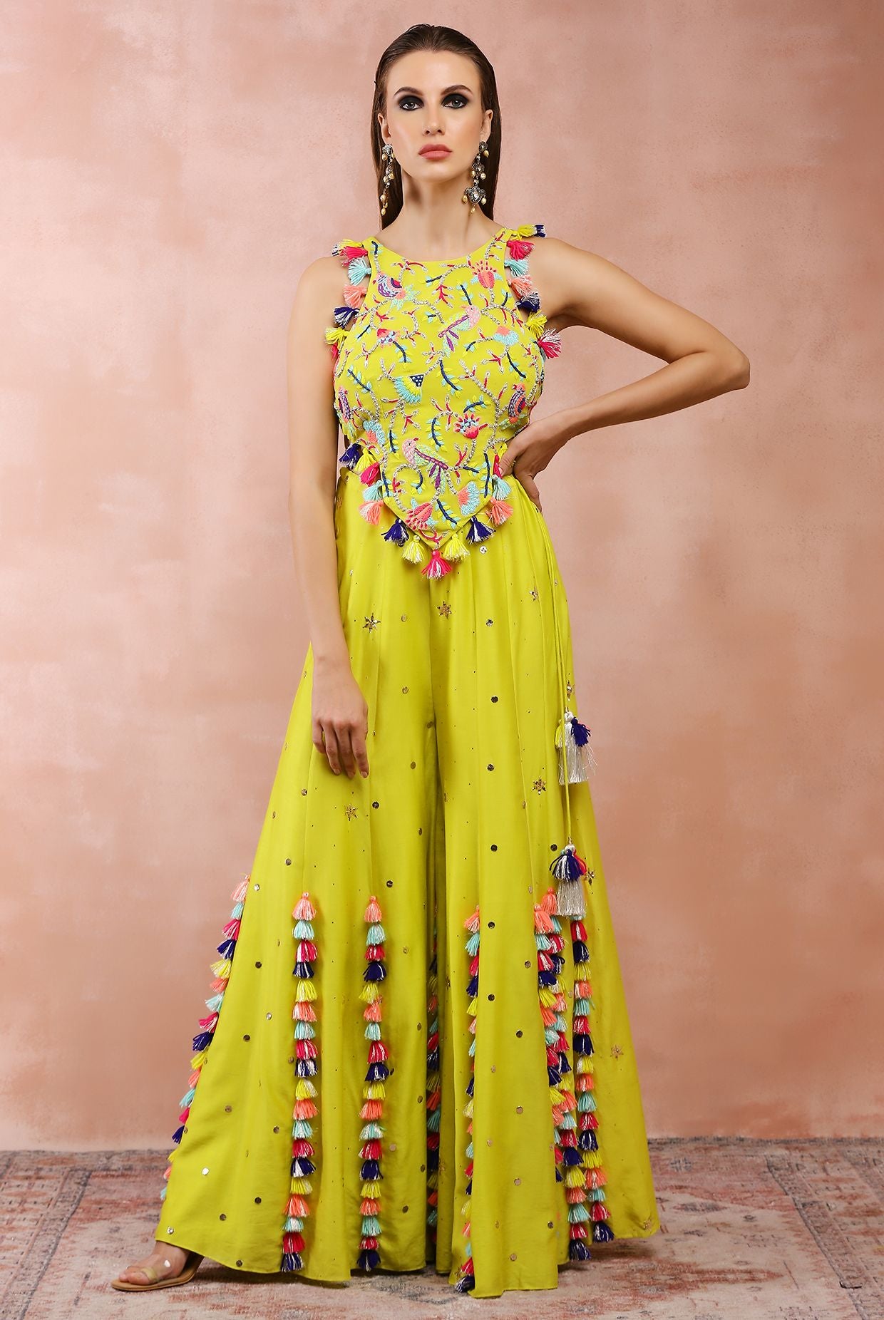 Lime Green Embroidered Choli With Sharara