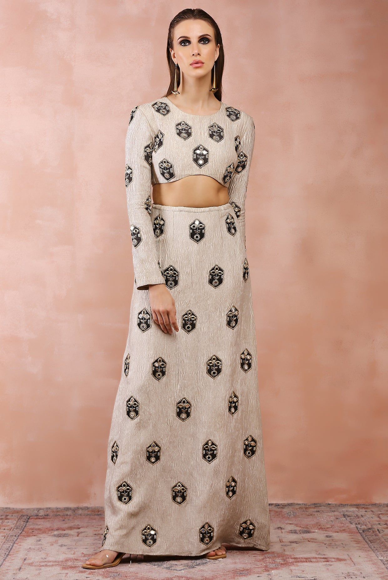 Crushed Dull Gold Embroidered Choli And Skirt With Applique And Zardosi Work