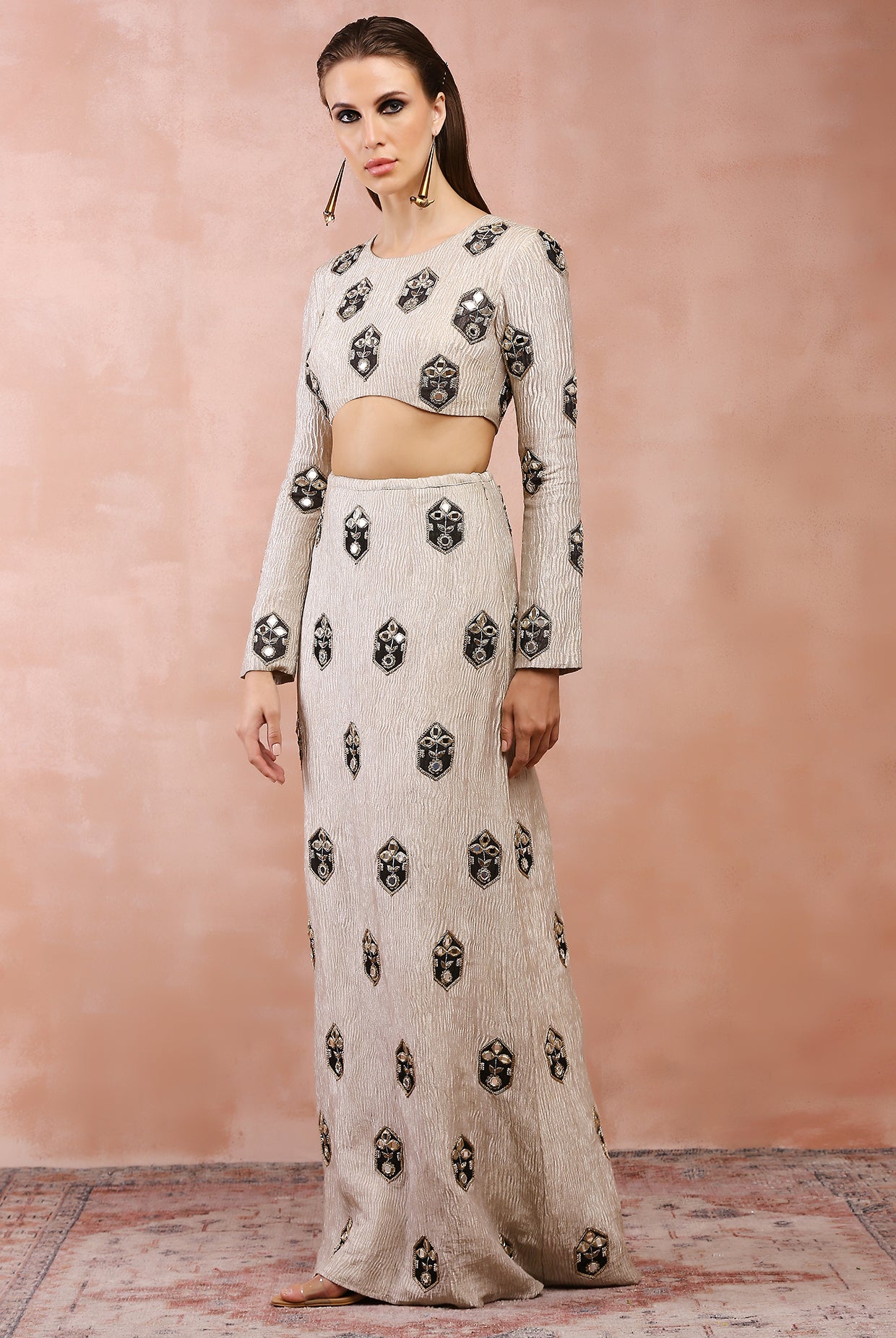 Crushed Dull Gold Embroidered Choli And Skirt With Applique And Zardosi Work